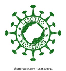 Lesotho Reopening Stamp. Green round badge of country with map of Lesotho. Country opening after lockdown. Vector illustration.