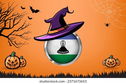 lesotho round flag with Happy Halloween banner or party invitation background. bats, spiders and pumpkins, orange background