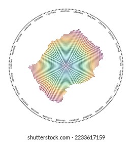 Lesotho round logo. Digital style shape of Lesotho in dotted circle with country name. Tech icon of the country with gradiented dots. Charming vector illustration.