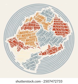 Lesotho Round Poster. Typography style image of Country. Regions word clouds of Lesotho. Vintage image design with scratch texture.