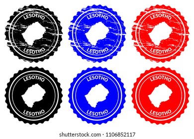 Lesotho - rubber stamp - vector, Kingdom of Lesotho map pattern - sticker - black, blue and red