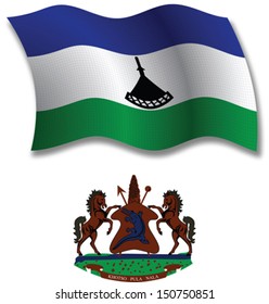 lesotho shadowed textured wavy flag and coat of arms against white background, vector art illustration, image contains transparency transparency