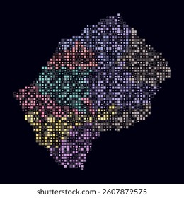 Lesotho, shape of the country built of colored cells. Digital style map of Lesotho on dark background. Small size square blocks. Creative vector illustration.