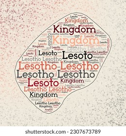 Lesotho shape with country names word cloud in multiple languages. Lesotho border map on neat triangles scattered around. Superb vector illustration.