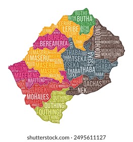Lesotho shape. Country word cloud with region division. Lesotho colored illustration. Region names cloud. Vector illustration.