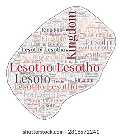 Lesotho shape filled with country name in many languages. Lesotho map in wordcloud style. Neat vector illustration.