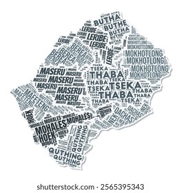 Lesotho shape text cloud. Country border with shadow on white background. Lesotho with regions division in vintage gazette style. Modern vector illustration.