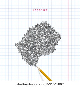 Lesotho sketch scribble vector map drawn on checkered school notebook paper background