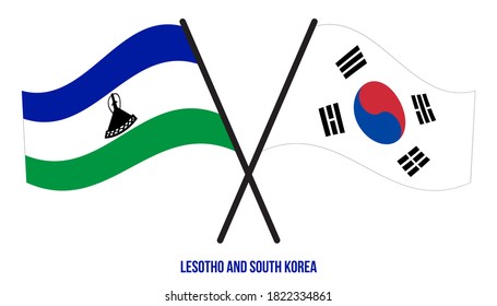 Lesotho and South Korea Flags Crossed And Waving Flat Style. Official Proportion. Correct Colors.