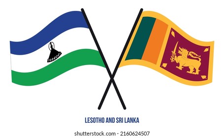 Lesotho and Sri Lanka Flags Crossed And Waving Flat Style. Official Proportion. Correct Colors.