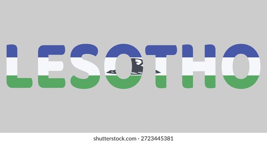 Lesotho Textdesign mit nationalen Flaggenfarben. Fette blaue, weiße, grüne Buchstaben überlagern das schwarze Basotho-Hutsymbol. Grafische Darstellung repräsentiert lesothische Identität, Kultur, Patriotismus. Kreative Typografie auf neutralgrauem Hintergrund. Modernes Bildmaterial für Reisen, Nationalstolz, Themen des afrikanischen Erbes.