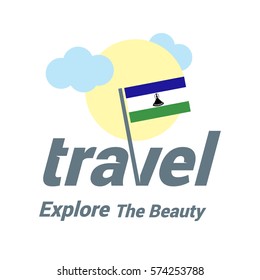 Lesotho Travel Country Flag Logo. Explore the The Beauty lettering with Sun and Clouds and creative waving flag. travel company logo design - vector illustration - Shutterstock ID 574253788