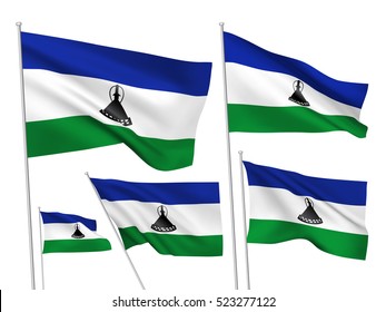 Lesotho vector flags set. 5 wavy 3D cloth pennants fluttering on the wind. EPS 8 created using gradient meshes isolated on white background. Five fabric flagstaff design elements from world collection