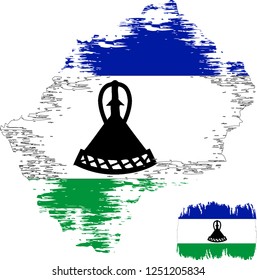 Lesotho vector grunge brush stroke with  national flag and contour map. 