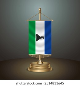Bandeira de mesa vertical Lesoto com polo dourado no fundo de gradiente escuro, Modelo banner vetor Ilustração