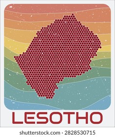 Lesotho vintage logo. Hexagon dots shape of the country on retro colored stripe waves background. Lesotho map design with grunge scratch texture. Vector Illustration.