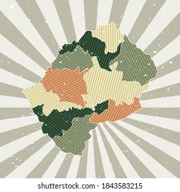 Lesotho vintage map. Grunge poster with map of the country in retro color palette. Shape of Lesotho with sunburst rays background. Vector illustration.