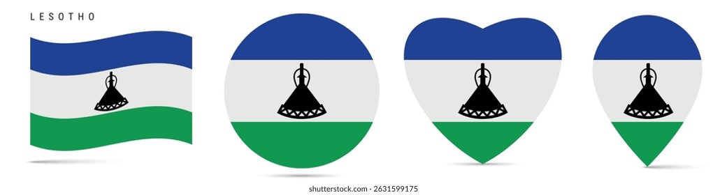 Lesotho waving flag, round circle sticker badge, heart shaped icon, map pin. Kingdom of Lesotho flag buttons of different shapes. Vector illustration isolated on white.