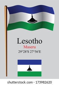 lesotho wavy flag and coordinates against gray background, vector art illustration, image contains transparency