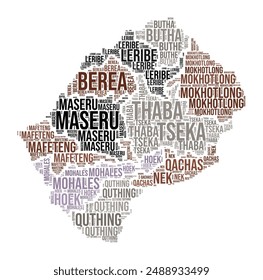 Lesotho Word Cloud. Country shape with region division. Lesotho typography style image. Region names tag clouds. Vector illustration.