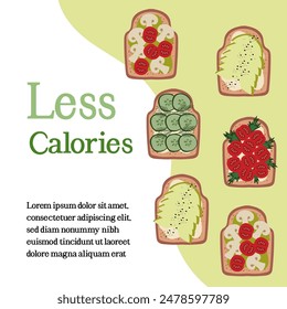 Less calories. Vegan diet social media post template. Recipes for healthy eating illustration. Breakfast sandwiches with different toppings.