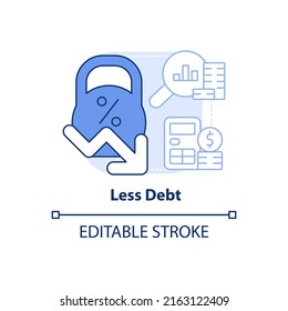 Less debt light blue concept icon. Deficit accumulation. Balanced budget requirement abstract idea thin line illustration. Isolated outline drawing. Editable stroke. Arial, Myriad Pro-Bold fonts used