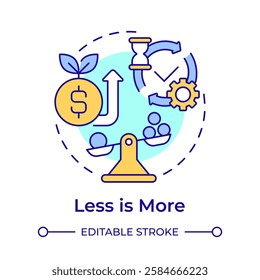 Less is more multi color concept icon. Scales wages. Minimalism, philosophy. Asset management. Round shape line illustration. Abstract idea. Graphic design. Easy to use in infographic