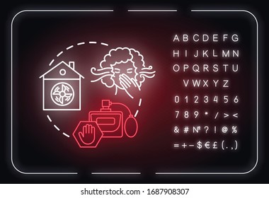 Less odors neon light concept icon. Winetasting advice idea. Outer glowing sign with alphabet, numbers and symbols. Attending wine tasting event without perfume. Vector isolated RGB color illustration