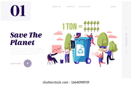 Less Paper Using, Stop Deforestation and Trees Cutting Website Landing Page. Tiny Characters Throw Paper Waste to Recycle Litter Bin, Eco Conservation Web Page Banner. Cartoon Flat Vector Illustration