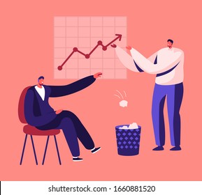 Less Paper Using and Stop Trees Cutting Concept. Businessman Sitting at Growing Arrow Chart Throw Crumpled Paper Sheets to Litter Bin. Forest Felling, Deforestation. Cartoon Flat Vector Illustration