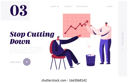 Less Paper Using and Stop Trees Cutting Website Landing Page. Businessman Sitting at Growing Arrow Chart Throw Crumpled Paper Sheets to Litter Bin Web Page Banner. Cartoon Flat Vector Illustration