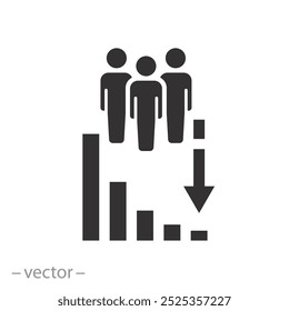 ícone menos pessoas, diminuir população, diminuir quantidade, queda demográfica, ilustração vetor plana