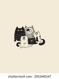 Less people, more cats - funny design with five different cats. Kitten for print. Cute cat poster, good for t shirts, gifts, mugs or other pritable designs for. Many different cats in the vector.