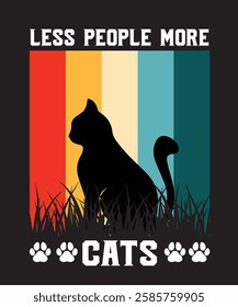 Less People More Cats Vintage Retro Sunset T-Shirt Design