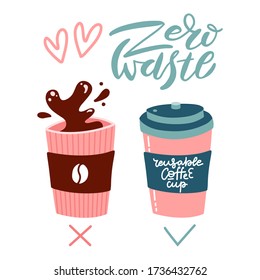 Menos el concepto de póster de plástico. Vaso desechable frente a taza reutilizable. Cero desperdicio. Ilustración vectorial plana