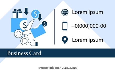 Less Spending Business Card.Reasonable Money Use Marketing Template. Mindful Spending.Scissors Cut Money.Universal Basic Income Abstract Design.Layout Illustration Page With Icon