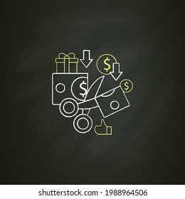 Weniger Ausgaben Kreide Symbol. Angemessene Verwendung von Geld. Umsichtige Ausgaben.Scheren kürzen Geld.Universal Grundeinkommenskonzept. Einzige Vektorgrafik auf der Tafel