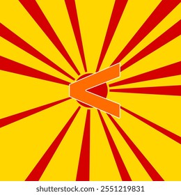 Less symbol on a background of red flash explosion radial lines. The large orange symbol is located in the center of the sun, symbolizing the sunrise. Vector illustration on yellow background