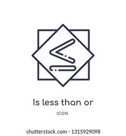 is less than or equal to icon from signs outline collection. Thin line is less than or equal to icon isolated on white background.