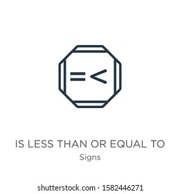 Is less than or equal to icon. Thin linear is less than or equal to outline icon isolated on white background from signs collection. Line vector sign, symbol for web and mobile