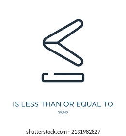 is less than or equal to thin line icon. math, plus linear icons from signs concept isolated outline sign. Vector illustration symbol element for web design and apps.