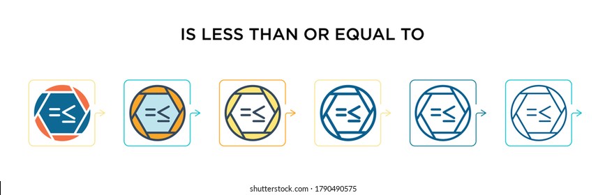 Is less than or equal to vector icon in 6 different modern styles. Black, two colored is less than or equal to icons designed in filled, outline, line and stroke style. Vector illustration can be
