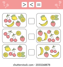 Less than, greater than, equal. Count as many fruits in the picture, write down the result. Banana, lemon, cherry, strawberry