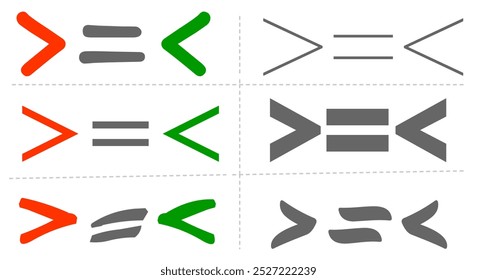 Símbolo de igual menor que maior. Matemática. desigualdade, Diferente símbolo colorido vermelho verde cinza. Conjunto de números, fonte, fino, espesso, desenho animado. Matemática simples. Ilustração vetorial