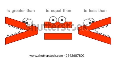 Less than greater equal symbol. Mathematics. inequality. red crocodile mouth that wants to eat the larger number. For kids, maths cartoon worksheet. Small, big number. Vector illustration	