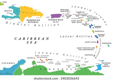 Lesser Antilles of the Caribbean, multicolored political map. Group of islands between Greater Antilles and South America. Divided into the Leeward Islands, Windward Islands, and the Leeward Antilles.