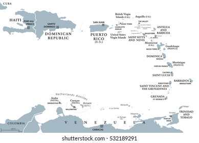 Lesser Antilles political map. Caribbees with Haiti, Dominican Republic and Puerto Rico in the Caribbean Sea. Gray illustration with English labeling on white background. Vector.