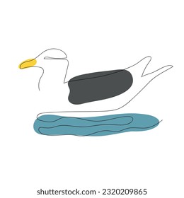 Lesser black-backed gull (Larus fuscus) continuous one line vector drawing. Bird on water hand drawn modern simple single lineart style. Sketch.  Illustration isolated on white background.