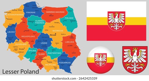 Lesser Poland (Malopolskie) Region: Flag, Coat of Arms, and Map Vector Set, Poland Regional Symbols