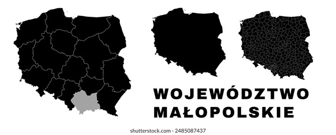 Lesser Poland map, Polish voivodeship. Poland administrative division, provinces, boroughs, and municipalities.